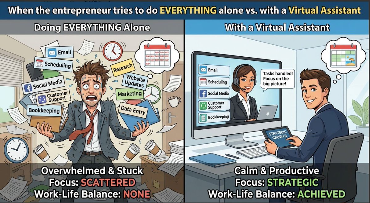 NMalveda73085's tweet image. When the entrepreneur tries to do EVERYTHING alone vs. with a Virtual Assistant. Which one are you?Tag a business owner who needs a VA.

#EntrepreneurMemes #BusinessHumor #VirtualAssistantLife #StartupLife