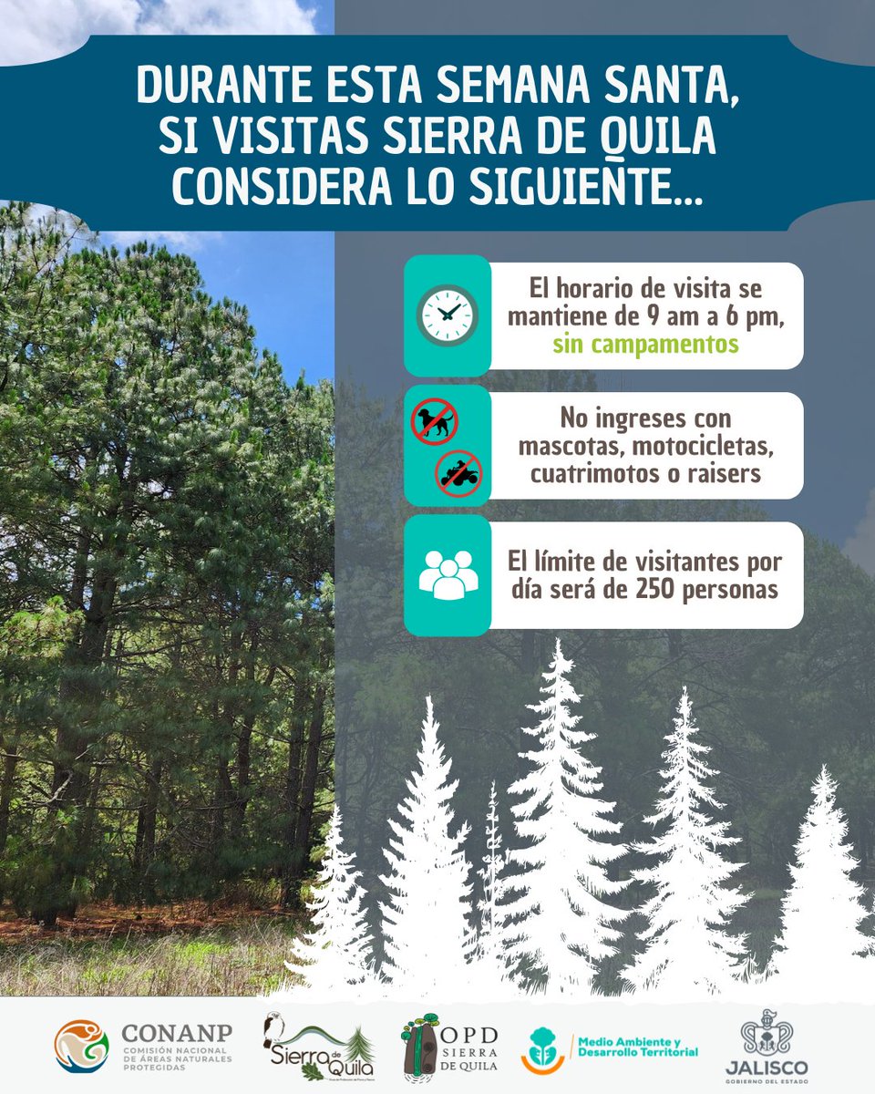 Se acerca el periodo vacacional, si consideras visitar #SierradeQuila 🌲 recuerda que puedes ingresar de 9 am a 6 pm, sin campamentos.  #SierradeQuila es un ANP de carácter federal, por lo que el ingreso con mascotas, motocicletas, cuatrimotos o raisers no está permitido🚫