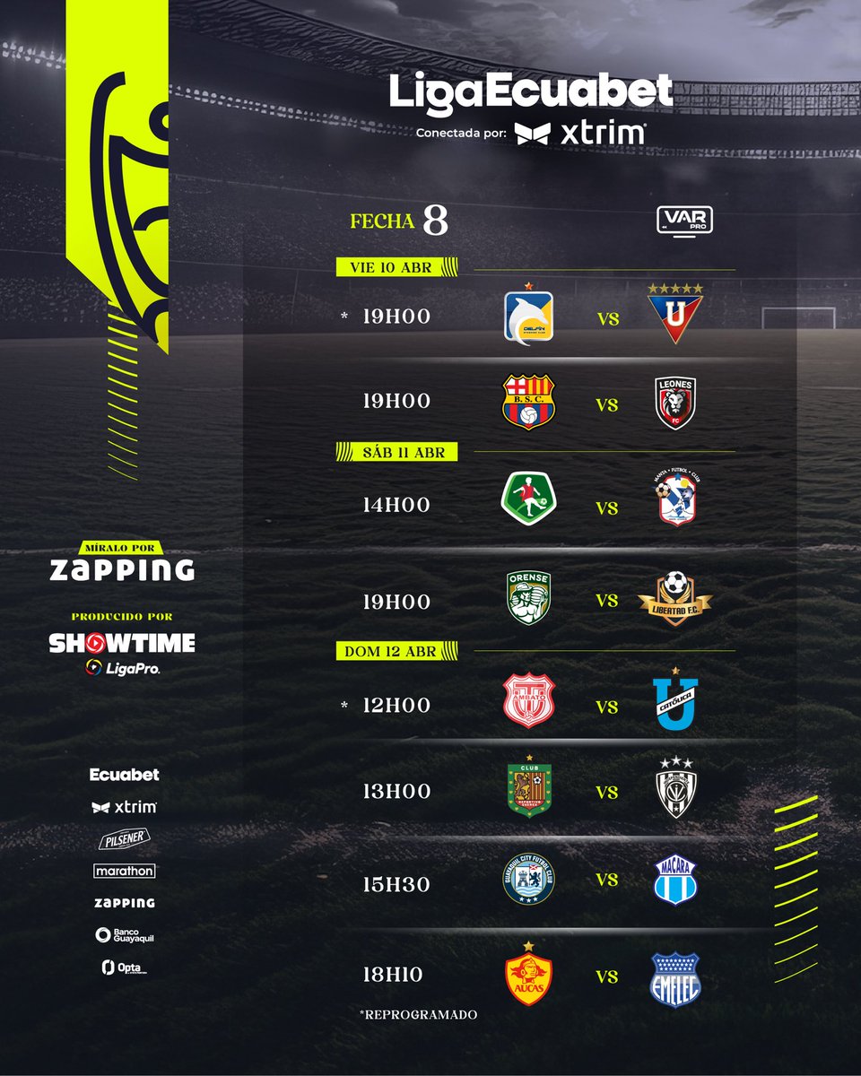 📍Reprogramación de horarios de la Fecha 8 - Fase Inicial de la Liga Ecuabet ⚽️

#LigaEcuabetConectadaPorXtrim 🇪🇨💯