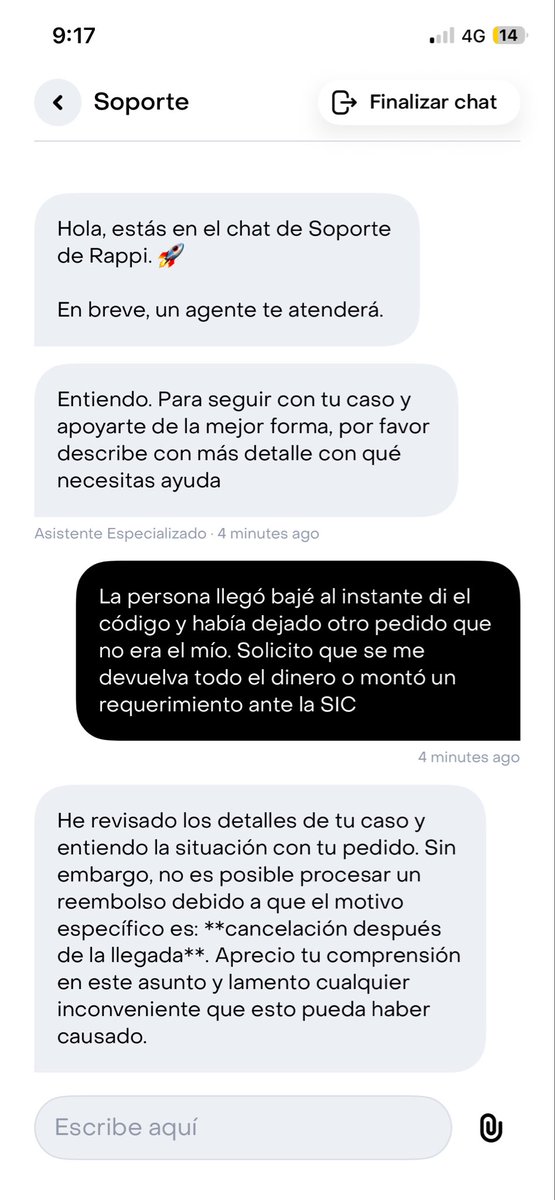 DaveMunar's tweet photo. @RappiColombia como es posible que un domiciliario entrega un paquete que no es reporta que demore en bajar y cancela el pedido y no me devuelven el dinero estando cancelado. Ni pagando el sobrecosto por entrega rápida y ese servicio no funciona para nada. @sicsuper https://t.co/rLC78CC1R4