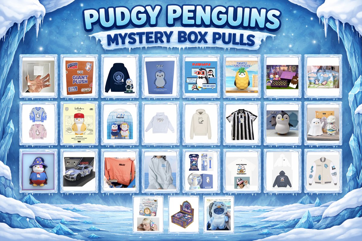 ST_McFly's tweet photo. A great FULL day with @dyli_io ripping about 600 @pudgypenguins Mystery Boxes! While I went first, I tuned in the entire day from 10am EST til 10pm EST so that I could document and share for everyone to see. 

Here is the most current chart of potential pulls:

- 1/150 Ricky Stenhouse Jr cut of actual Pengu racecar with COA and other items like Vibes, PEZ, shirt 
-Limited edition Friends & Family Pudgy & Peaches collectible 
- Giant Pengu Plush 
- Manchester City clock/hoodie collab 
- Paxton 1st edition jumbo flocked collectible 
- Nouns jumbo collectible - pink or red
- Pineapple Penguin by MightyJaxx 
- Pudgy in Bellyland collectible set 
- Pengu & Polly Designer bag 
- Pengu or Polly Hockey Jersey 
- Goldfeathers jumbo collectible 
- Pudgy & Peaches Family & Friends collectible
- Pax & Polly hoodie - Find Peace hoodie 
- CD Castellón Pengu Jersey with Lil Pudgy AirPod Max Covers 
- Left Facing Penguin Jumbo Collectible
- Pudgy Ghost Jumbo Collectible 
- Wizard Penguin Jumbo Collectible
- 1:24 scale Diecast NASCAR Ricky Stenhouse car
- Orange Igloo Inc hoodie
- Rhinestone backing mint Pudgy Penguins hoodie 
- Snowglobe set with plush, clip on plush, shirt, vibes, and PEZ
- Black Igloo Pengu hoodie 
- Vandythepink shirt and pink hat
- Vandythepink Hoodie Navy or White
- Varsity Jacket
- Vibes sealed Legend of the Lils Booster Box
- Labubu Pengu outfit (rare) set with Valentine’s Day edition pebbles, Vibes, PEZ, and clip on plush

They're wrapping up Saturday morning as well. 

Shout out to @scottrips @jonahkitay @needelman_ and Sam for all your efforts the entire day. The community LOVED it.