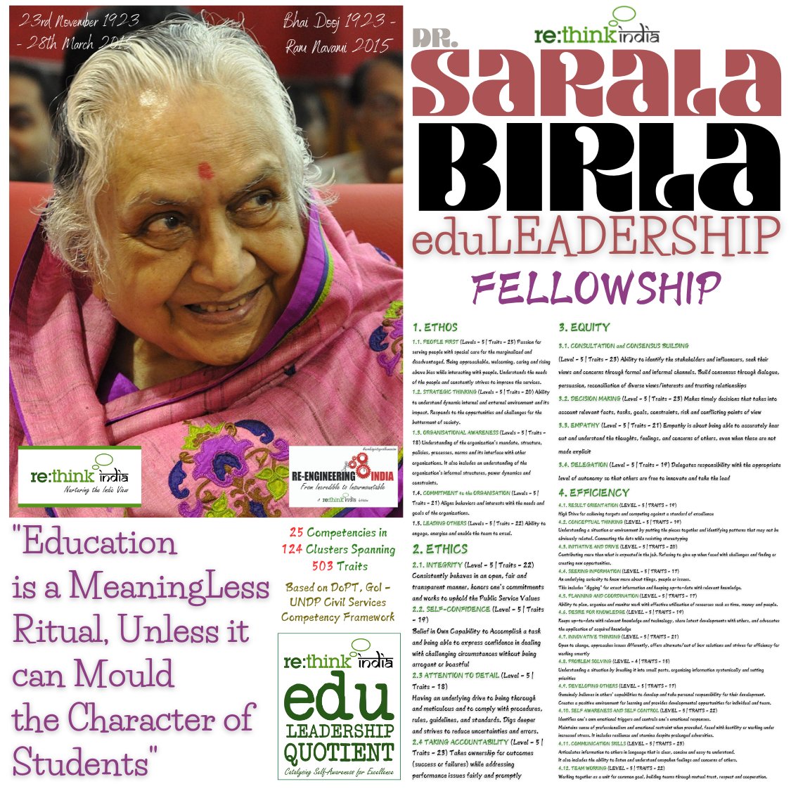 schools108's tweet photo. Announcing Dr. Sarala Birla eduLEADERSHIP Fellowship on her Smriti Diwas based on Civil Services Competency Framework encompassing #25Competencies in #124Clusters Spanning #503Traits around the #Quad of #Ethos, #Ethics, #Equity, #Efficiency. 
Ping Dr. Surbhi on 9910050939. https://t.co/LrWQxraNvz