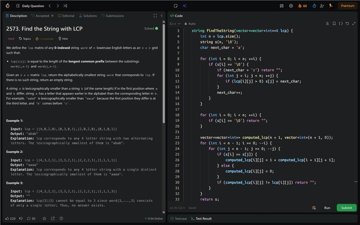 PankajB42550's tweet photo. 🚀 Solved: Find the String with LCP (@LeetCode Daily)

Assign smallest letter to unassigned indices, propagate equality where lcp[i][j] > 0. Verify by recomputing LCP.

📊 Complexity:
▹O(n²) | O(n²)
🔥 #Day60/90

#LeetCode #DSA #LCP #String #Greedy #DP #HardProblem #ProbS #Cpp https://t.co/QxzA5W8CFx
