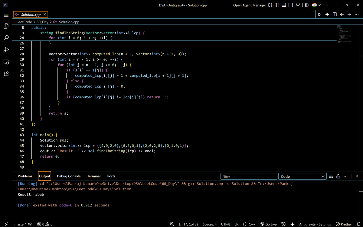 PankajB42550's tweet photo. 🚀 Solved: Find the String with LCP (@LeetCode Daily)

Assign smallest letter to unassigned indices, propagate equality where lcp[i][j] > 0. Verify by recomputing LCP.

📊 Complexity:
▹O(n²) | O(n²)
🔥 #Day60/90

#LeetCode #DSA #LCP #String #Greedy #DP #HardProblem #ProbS #Cpp https://t.co/QxzA5W8CFx