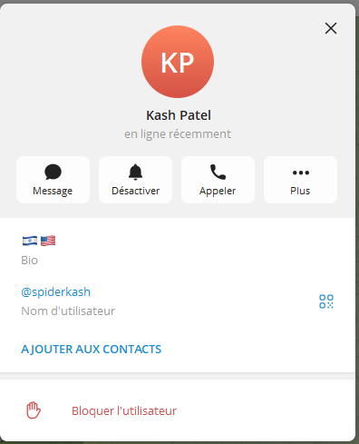 BTC_JMS's tweet photo. So if @spiderkash is really Kash Patel, on telegram, why is he on so many russian groups ? 

The iranian leak only revealed "spiderkash" as a Kash Patel username this week... (used on xvideo as well). The username @spiderkash on telegram has this username since january. He is in many, many russian groups.

Wtf