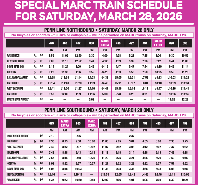 mvs202's tweet photo. Happy @mtamaryland is running two extra r/t MARC trains Sat Mar 28 for @CherryBlossFest (8:25am+10:00am Bmore deps; 4:00pm+8:00pm DC deps)... but why must they ban bikes? The Bike Car has floor racks that can't be used by passengers anyways 🚂🌸🌸🌸(@bikemorebmore @MDOTMTAHolly?) https://t.co/jhCsESomuQ