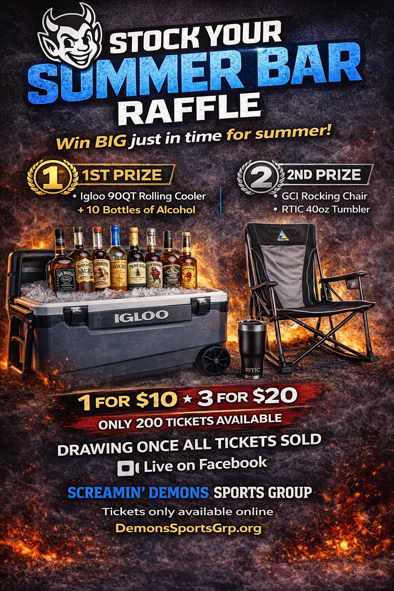 DemonsSportsGrp's tweet photo. 🚨 ONLY 200 TICKETS 🚨

🥇 Cooler + 10 bottles of liquor
🥈 Rocker chair + tumbler
🎟️ 1 for $10 | 🎟️🎟️🎟️3 for $20

🎥 Drawing LIVE when sold out
👉 https://t.co/8jnwUEhIOf https://t.co/OxnLKQkxB0
