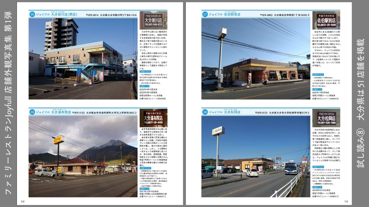 gaidouinfo's tweet photo. 頒布作品③
ファミリーレストランJoyfull 店舗外観写真集 第1弾
2025年8月17日発行
AB判132ページ  1800円
※メロンブックス様にて通販中

各地で活躍する店舗たちの魅力を、大きめの写真とひとことコメントで発信します。巻頭特集では店舗ごとのデザインの違いや座席配置などを解説しました。 https://t.co/RB03A5E0Qe