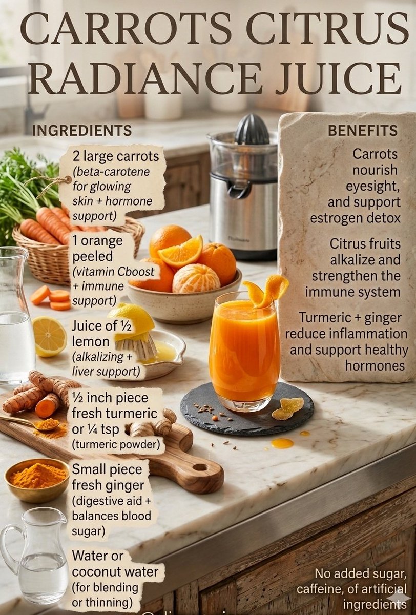 shilpa89431's tweet photo. Stop skipping real food in the morning! 🥕🍊🍋 This natural 5-ingredient juice balances hormones, boosts immunity, and gives that real-food glow. ✨
No additives, just pure, fresh benefits. Perfect for that inner and outer radiance! 🥕🍊🍋 
#WellnessHack #HormoneBalance #GlowUp https://t.co/tVqsVTYnqR