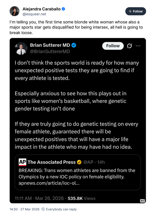 gendargh's tweet photo. Strongly doubt there'll be many true surprise +ves with white women. Unfortunately there may be more +ves among people of color, but that's more to do with inequities in health care between the Global South &amp; North. That's a real tragedy, not athletes in the correct sex category. https://t.co/GjNfgy2Wb1