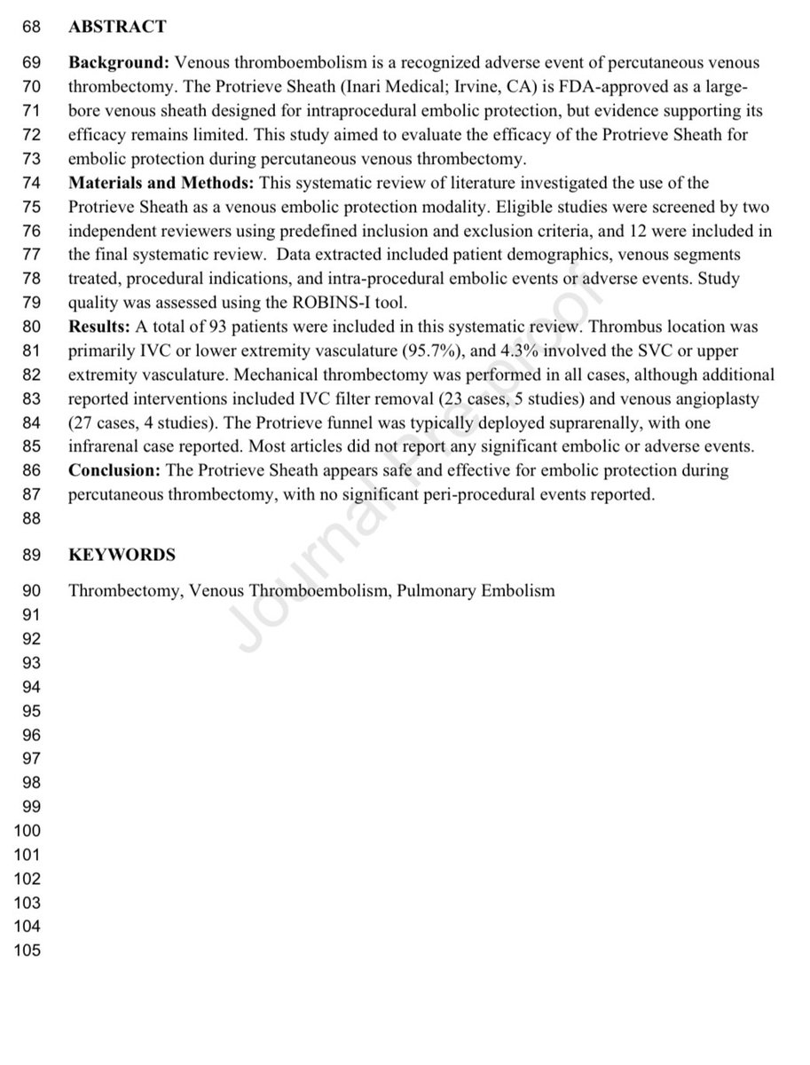 CHICKVIR's tweet photo. This review of 12 studies (93 patients) suggests that the Protrieve Sheath is an effective and safe method for intraprocedural embolic protection during venous thrombectomy.

https://t.co/kVmIAyKpSQ

@KeckMedicineUSC @KECKSchool_USC @UWRadiology @VenousNews https://t.co/O3jboeKNQ0