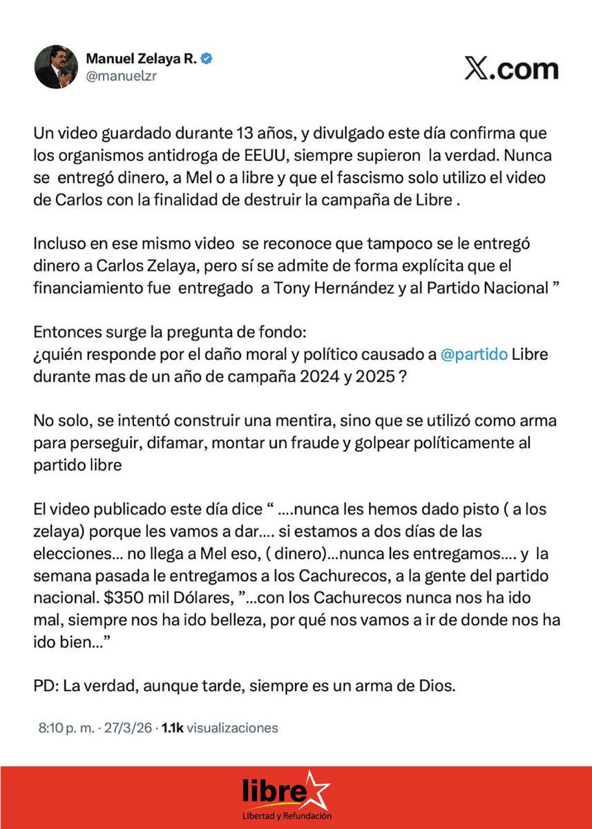 ✍🏾 <a href="/manuelzr/">Manuel Zelaya R.</a> 🤠

Un video guardado durante 13 años, y divulgado este día confirma que los organismos antidroga de EEUU, siempre supieron  la verdad. Nunca se  entregó dinero, a Mel o a libre y que el fascismo solo utilizo el video de Carlos con la finalidad de destruir la campaña