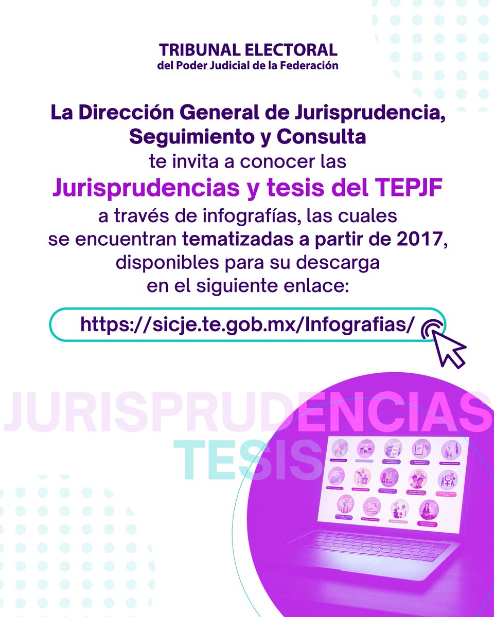 TEPJF_informa's tweet photo. 📄 Explora los criterios jurídicos del #TribunalElectoral a través de nuestro repositorio de infografías. Encuentra tesis y jurisprudencias organizadas por ejes temáticos para facilitar su consulta.

📥 Disponible aquí: https://t.co/sr00AOarVb

#TribunalCiudadano https://t.co/eUNRihugEp