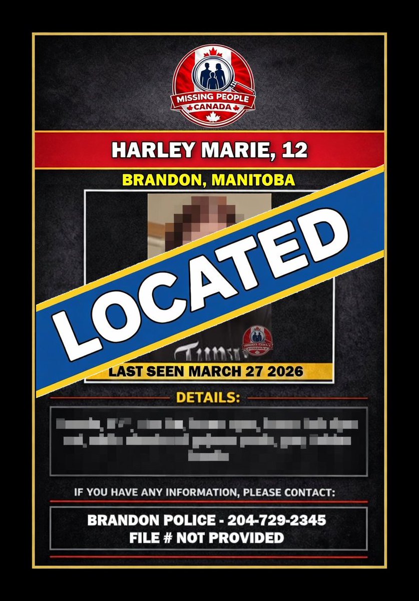 Missing_CA's tweet image. ✅ LOCATED – HARLEY, 12

Harley, 12, who was reported missing in Brandon, Manitoba, has been located.

Thank you to the community for your support.

#Located #Brandon #Manitoba #MissingPersonLocated #CommunityUpdate #MissingPeopleCanada