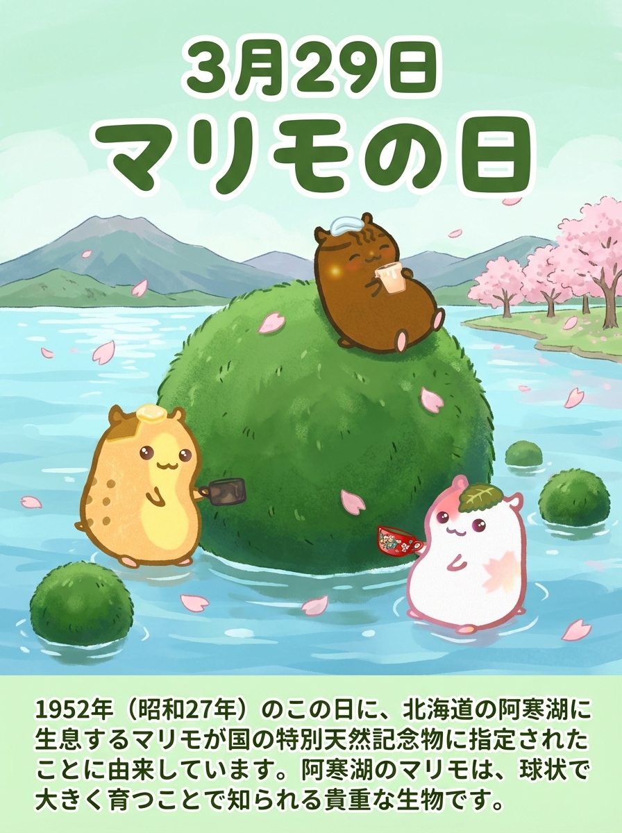 今日は何の日？
3月29日は #マリモの日

マリモは単一の植物ではなく
細い糸状の藻（糸状体）が
何百本も絡み合って球体になった「集合体」です。
球体は1年で約5ミリしか成長せず15〜20cmの大きさになるのに
約100年以上かかるとされる
長寿な生物です。