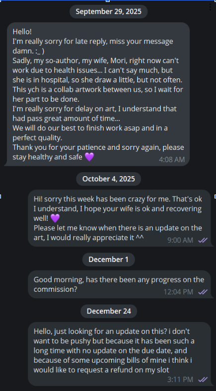 LeviRaexxx's tweet photo. Part 2 of screenshots,

Since my last message to them I am still waiting for a reply.

I want to make it abundantly clear, this was not made with the intention of starting a witch hunt, I just want this artist to do the right thing.

Please keep any &amp; all comments respectful. https://t.co/LglTt8fSSG