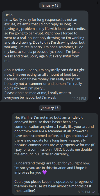 LeviRaexxx's tweet photo. Part 2 of screenshots,

Since my last message to them I am still waiting for a reply.

I want to make it abundantly clear, this was not made with the intention of starting a witch hunt, I just want this artist to do the right thing.

Please keep any &amp; all comments respectful. https://t.co/LglTt8fSSG