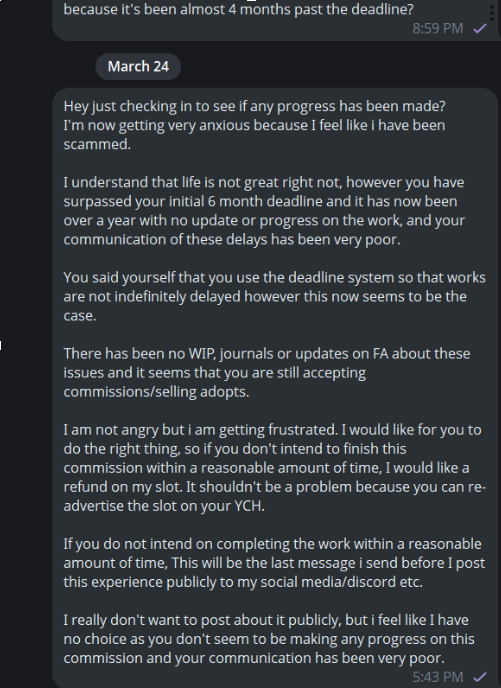 LeviRaexxx's tweet photo. Part 2 of screenshots,

Since my last message to them I am still waiting for a reply.

I want to make it abundantly clear, this was not made with the intention of starting a witch hunt, I just want this artist to do the right thing.

Please keep any &amp; all comments respectful. https://t.co/LglTt8fSSG