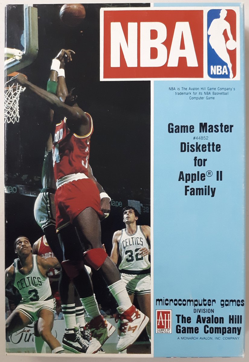"NBA"1987 Avalon Hill Microcomputer Game for Apple II computers. 3 modes of play:head-to-head, solitaire, autoplay. 20 teams from Boston Celtics 1959-60 to the 4 top teams from 1985-86 season. Stat-keeper program lets you keep track of how well your team is doing for later review