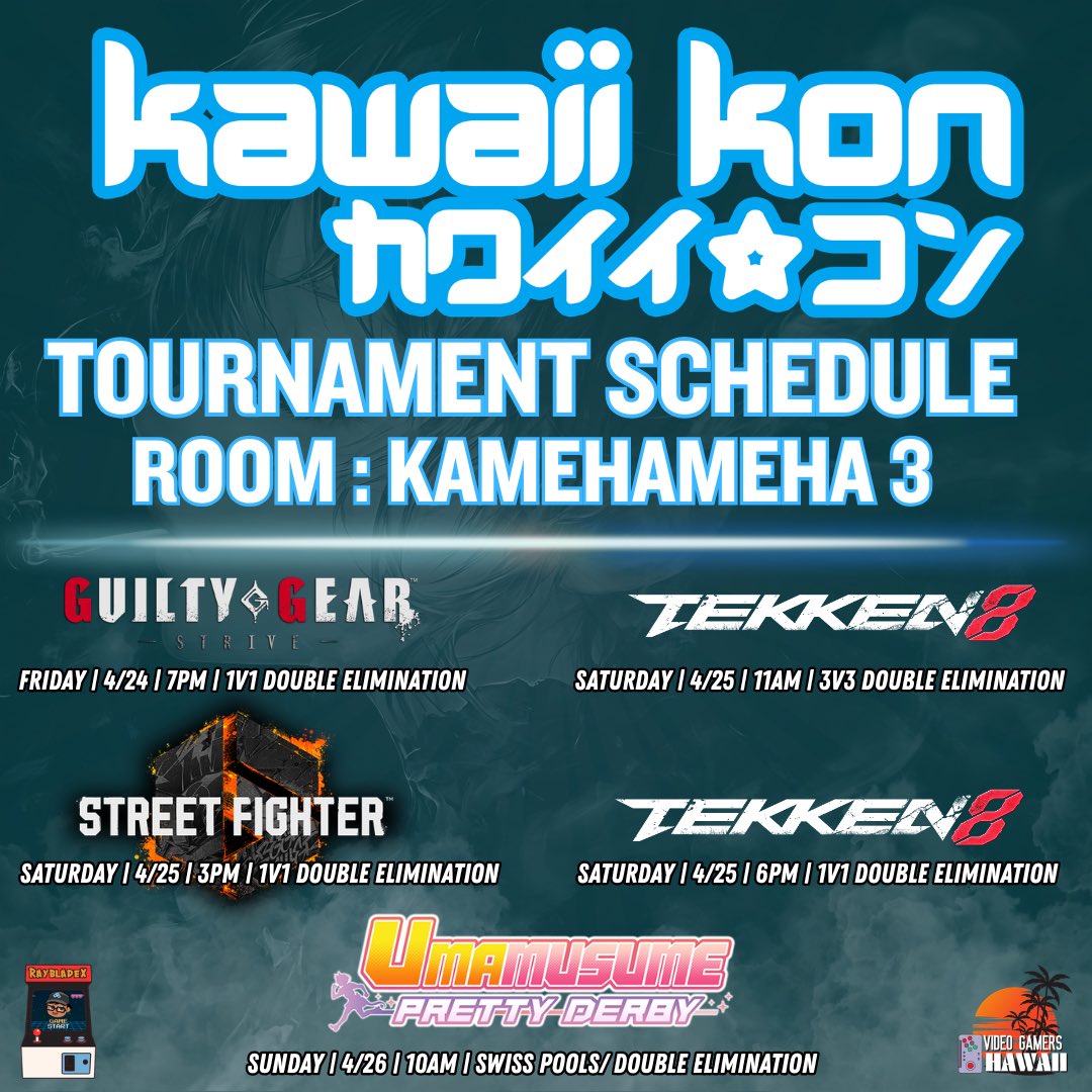 RayBladeX's tweet photo. Get ready for FGC tournaments at Kawaii Kon 2026! We've got 3 days packed with epic events: Guilty Gear kicks off on Friday, Tekken 8 singles and team battles plus Street Fighter 6 on Saturday, and Uma Musume: Pretty Derby wraps it up on Sunday! See you there! #808fgc https://t.co/Wvw4LPeYt9
