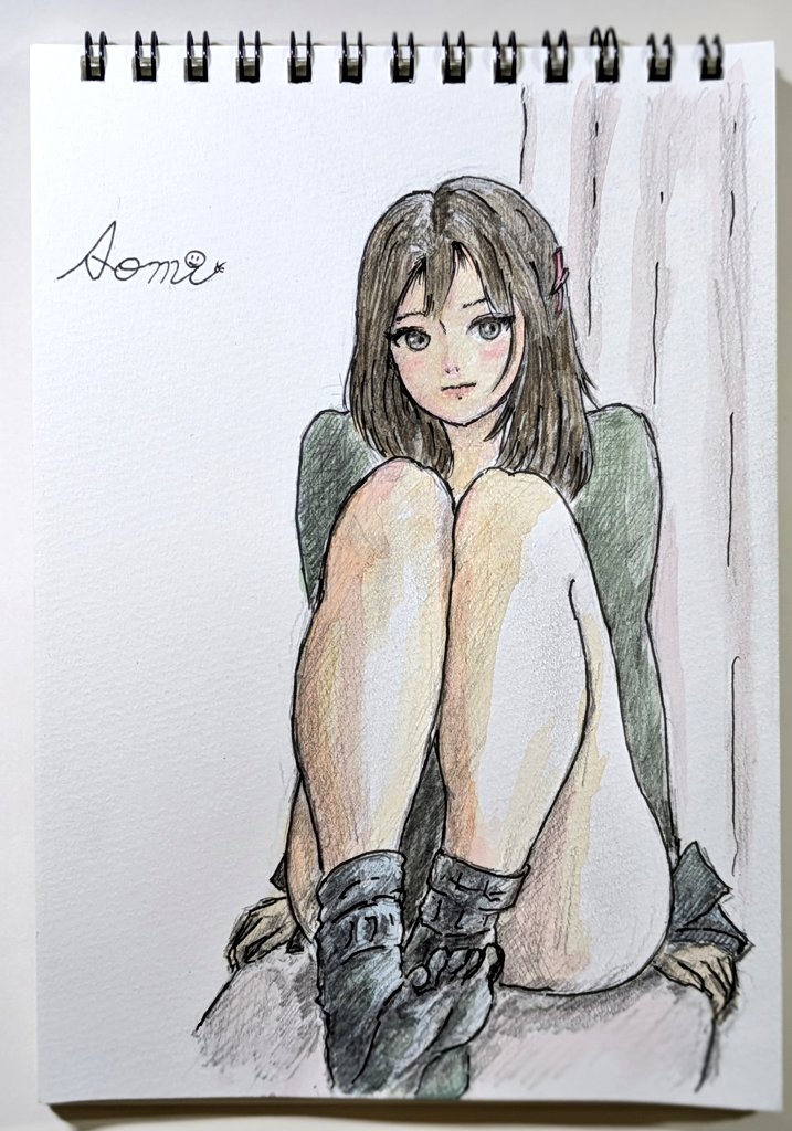 aomipt2's tweet photo. 前ポストで惨敗した風景画の前ページのシャーペン画がイマイチだったので、修正＆着彩したらまた微妙な感じになってしまった💦
今日は制作はやめて久々に外の空気を吸いに行きますｗ https://t.co/d6l2wsKWKF
