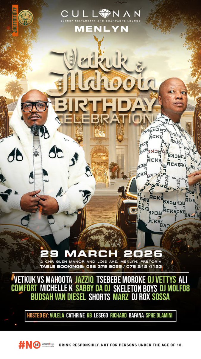 Iamcruzafrika's tweet photo. Pretoria &  Johannesburg ! hope you ready for the biggest Night , I just got off the call with vetkok & mahoota , they are rocking   @Cullinan_Lounge   This Sunday  29 MARCH 2026 ❗️We're turning up the heat from 12:00 afternoon till late and we are celebrating Vetkok & Mahoota s Birthday

TABLES ARE SELLING OUT  85% SOLD OUT,MAKE YOUR BOOKING NOW : 

Call or WhatsApp : +27 66 379 9055
Alternatively : +27 78 212 4123

#CullinanLoungeMenlyn