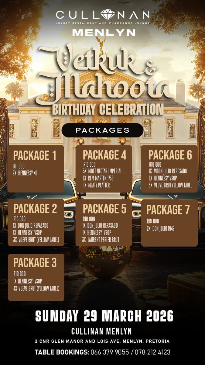 Iamcruzafrika's tweet photo. Pretoria &  Johannesburg ! hope you ready for the biggest Night , I just got off the call with vetkok & mahoota , they are rocking   @Cullinan_Lounge   This Sunday  29 MARCH 2026 ❗️We're turning up the heat from 12:00 afternoon till late and we are celebrating Vetkok & Mahoota s Birthday

TABLES ARE SELLING OUT  85% SOLD OUT,MAKE YOUR BOOKING NOW : 

Call or WhatsApp : +27 66 379 9055
Alternatively : +27 78 212 4123

#CullinanLoungeMenlyn