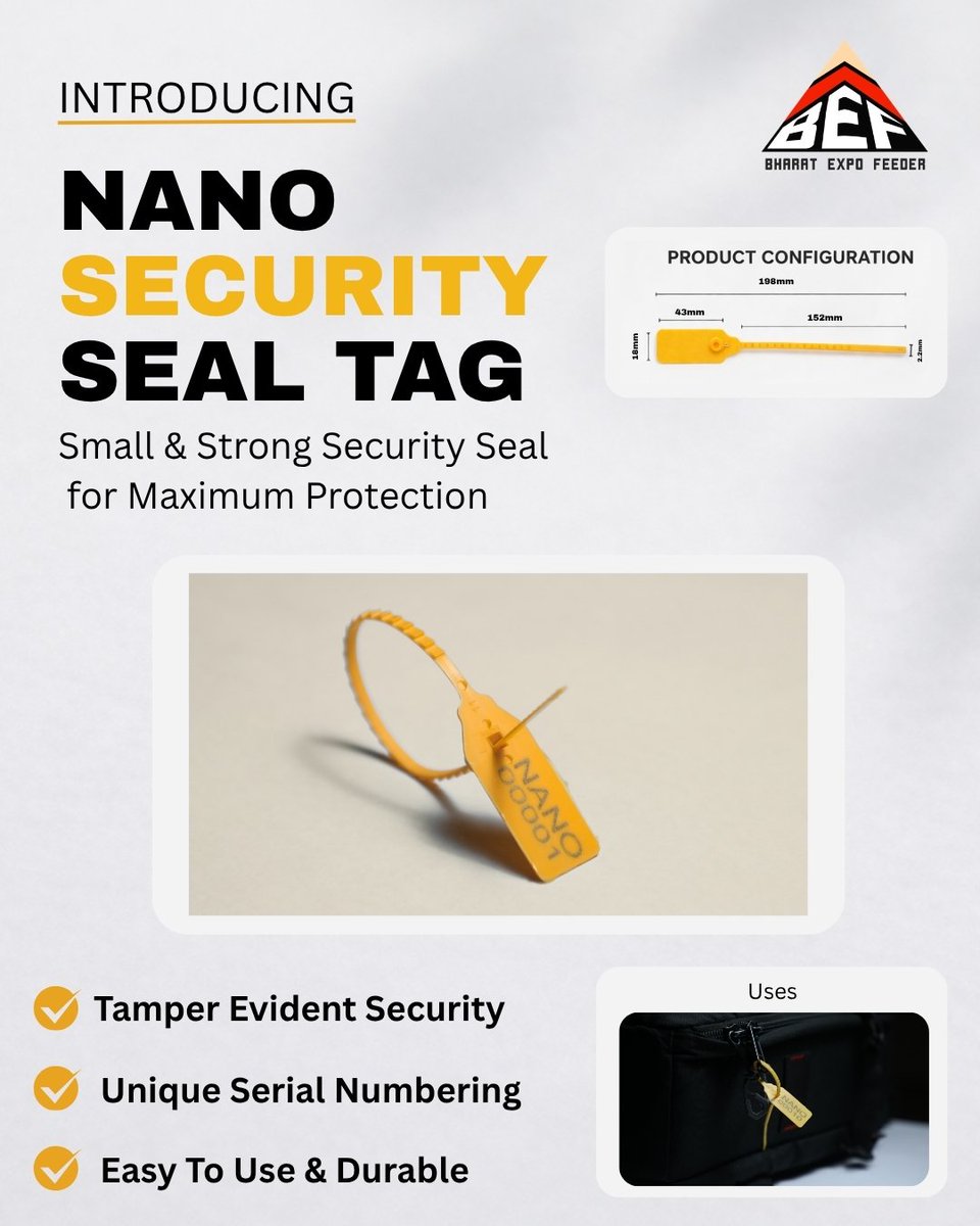 bharatexpo01's tweet image. 🔐 Introducing Nano Security Seal Tag

Small size, strong protection.
Tamper-evident, uniquely numbered &amp;amp; easy to use — perfect for secure packaging and logistics.
Secure smarter. 🚀

#SecuritySeal #Logistics #TamperProof #Packaging #SupplyChain