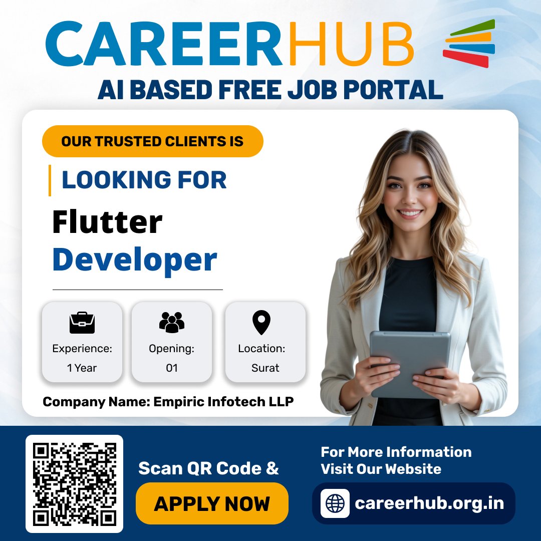 careerhub_iespl's tweet image. Hiring: Flutter Developer

Surat | 1 Year Exp | 1 Opening
Company: Empiric Infotech LLP

Flutter development, cross-platform apps, API integration

Apply: careerhub.org.in
Tag: Career Hub - AI Based Free Job Portal

#FlutterDeveloper #MobileAppDevelopment #SuratJobs