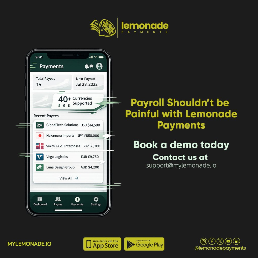 lemonadepayment's tweet photo. Feel at ease when paying your staff. Its as simple as blinking with Lemonade payments. Join us today.
🌐 Website: https://t.co/8uOI2FVrPa
📧 Email: support@mylemonade.io
📞 Customer Support: +254711 894 422
#fintech #payroll #paymentsolutions #lemonadepayments #paybills https://t.co/0iPI3sn8Fs