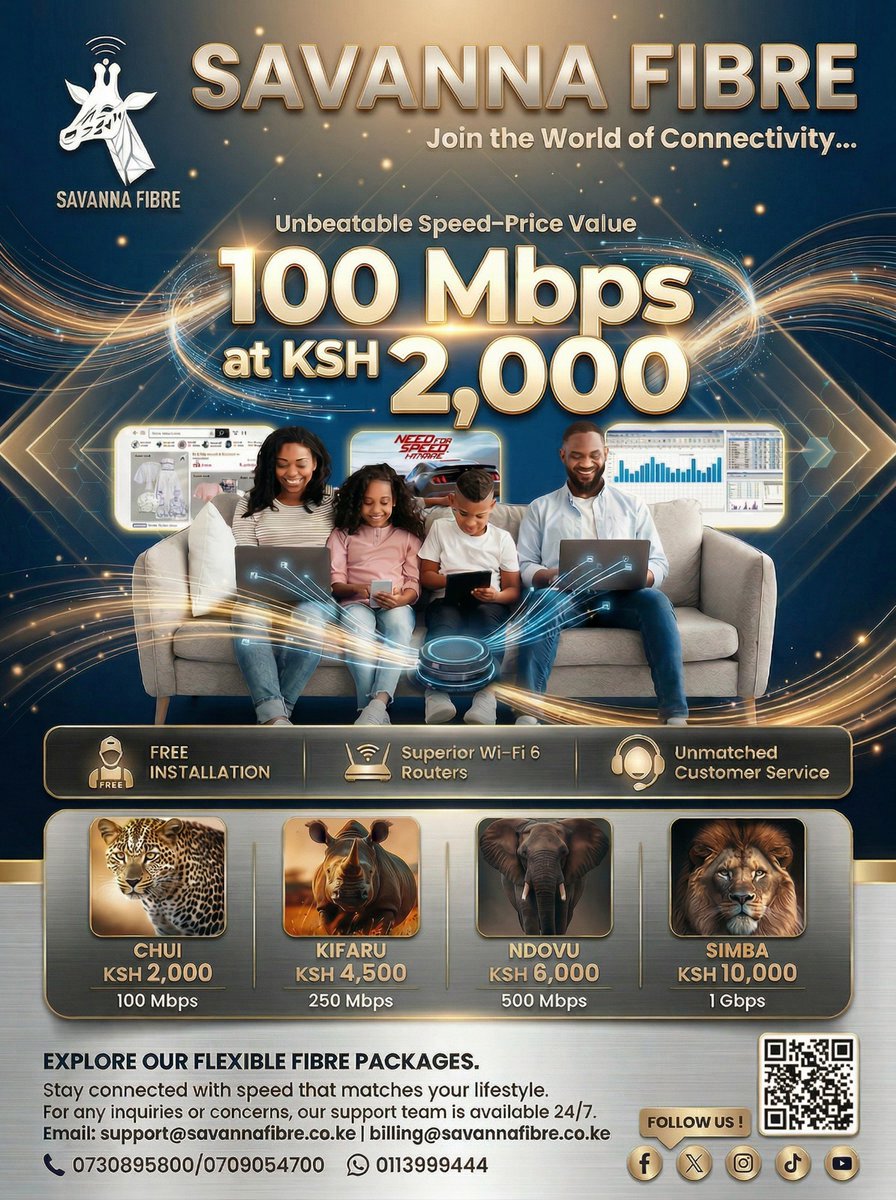 savannafibreke's tweet photo. 100 Mbps for 2,000 KES is a steal.
Upgrade your home office today.
#SavannaFibre #FastInternetKE #FYPKenya #BestDealsKE https://t.co/s1WvdlAg9a