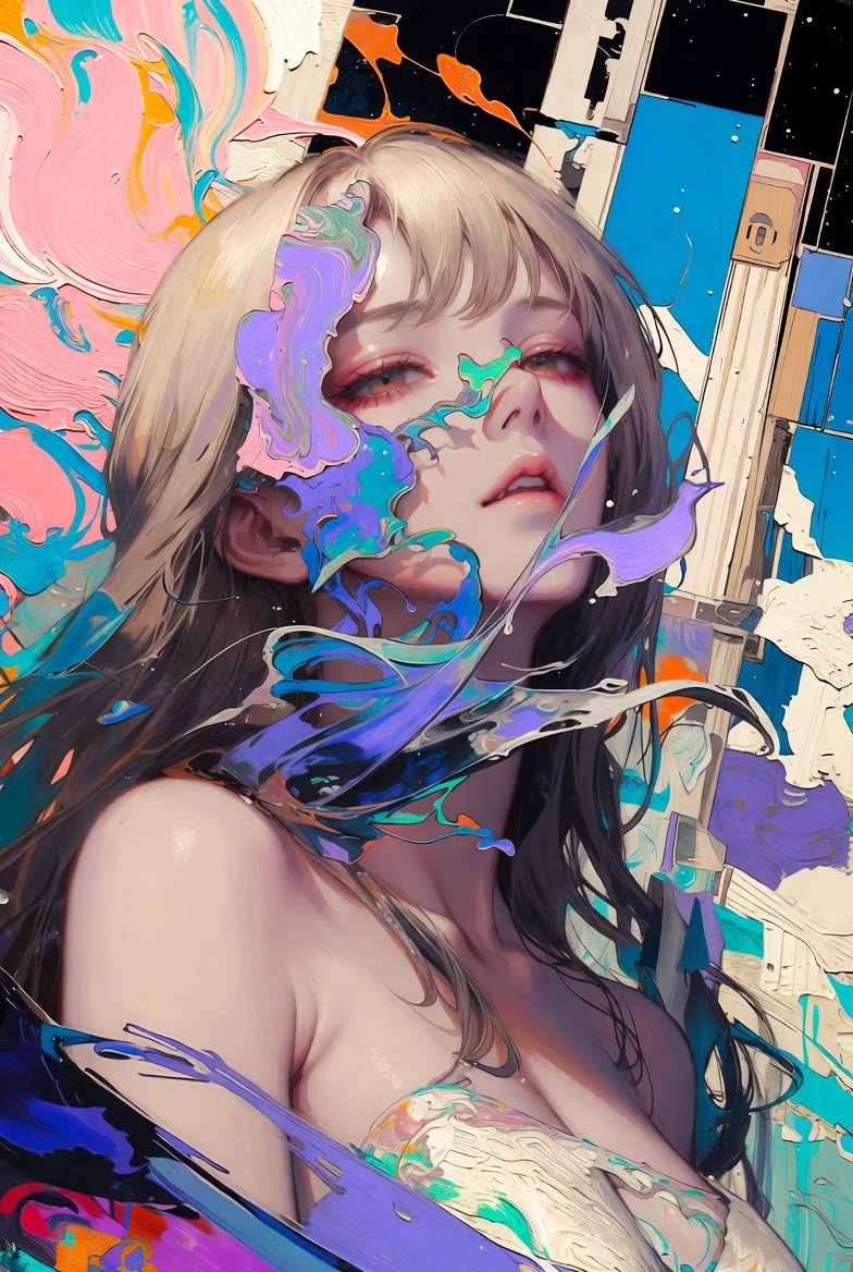 pastimenotes's tweet photo. 色彩の融合 / Color Fusion 🎨✨
金髪が紫青ピンクの抽象飛沫に溶けゆく少女。
顔と髪が芸術的に混ざり合う幻想的な瞬間…💫
#AIイラスト #抽象アート #金髪 #AIart #ColorFusion https://t.co/jMs3JRwMmI