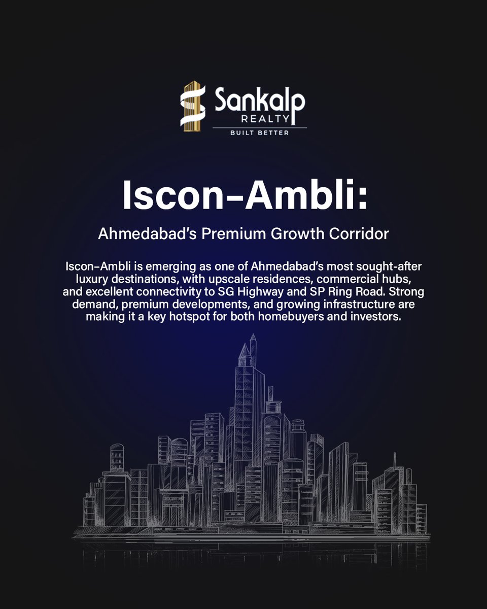 sankalprealty_'s tweet image. Iscon–Ambli is fast becoming Ahmedabad’s premium growth corridor. With luxury residences, thriving commercial hubs, and seamless connectivity, it stands as one of the city’s most sought-after addresses.

#SankalpOrganisers #IsconAmbli #PremiumLiving #AhmedabadLuxury