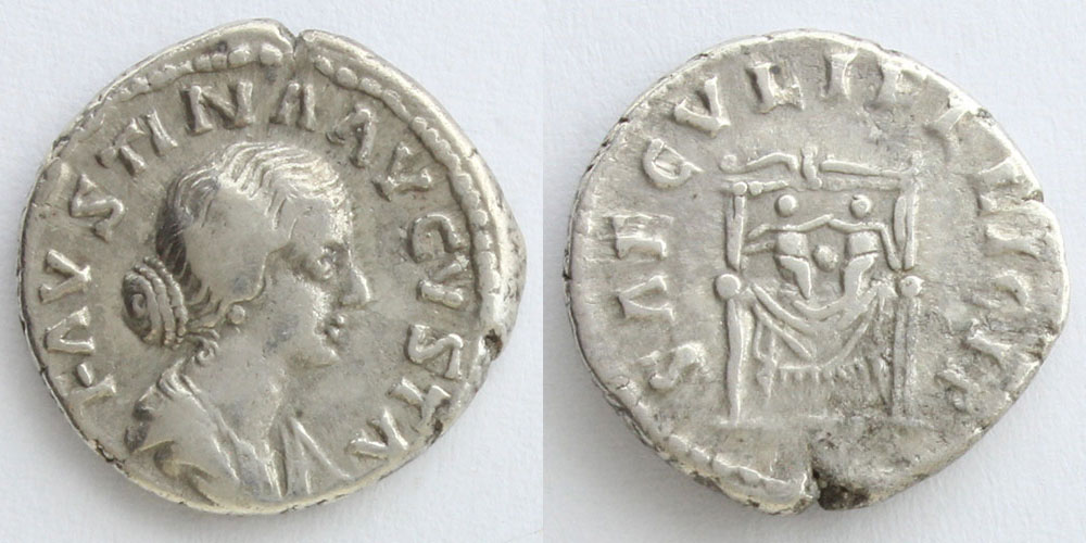 ローマ帝国 161年 デナリウス銀貨 小ファウスティナ妃/玉座の ローマ帝国 161年 デナリウス銀貨 小ファウスティナ妃/玉座の