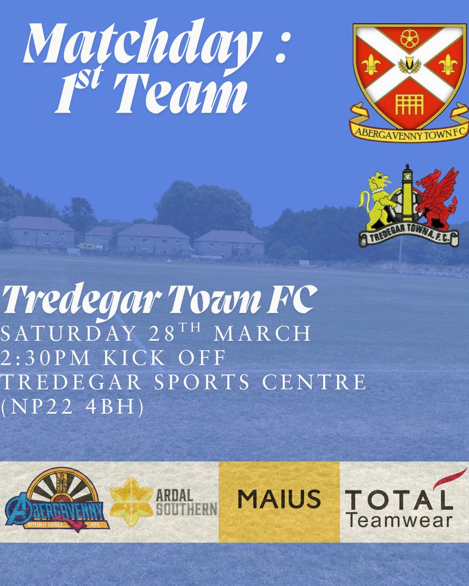 1st team travel to Tredegar Town this afternoon 👊⚽️🔵

📆- 28/3/26
🆚- <a href="/TredegarTownFC/">Tredegar Town FC</a> 
⏰- 2:30 PM
🏟️- Tredegar Sports Centre (NP22 4BH)

#ATFC #UpTheTown #UTT