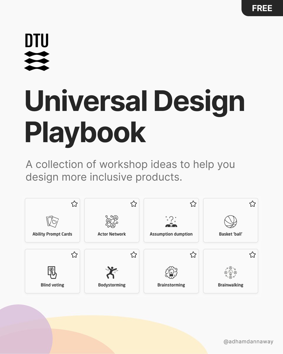 AdhamDannaway's tweet photo. 📓 Universal Design Playbook  

A collection of workshop ideas to help you design more inclusive products that enable people of all backgrounds and abilities 🙌  

https://t.co/dMFyrlcwqG https://t.co/jJUzhWdR3i