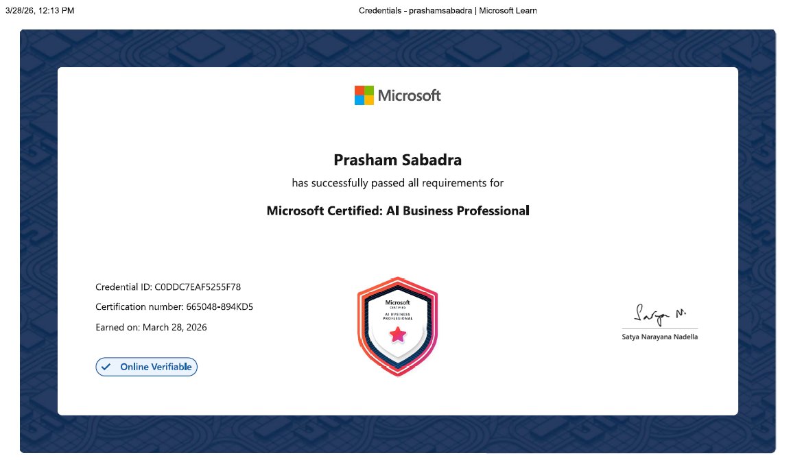 Happy to share that I earned the Microsoft Certification: AB‑730 – AI Business Professional

It strengthened my skills in:
Generative AI fundamentals
Prompt &amp; conversation management with AI
Drafting and analyzing business content with AI

#AI #GenerativeAI #PromptEngineering