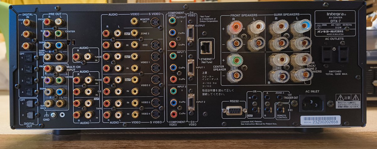 ONKYOlove817's tweet image. ONKYO(オンキヨー) Integra DTX-7
2003年発売 定価20万円
届きました！
状態が良くて本当に美しいです。
デザインだけ見ると最近の機種かと思ってしまいますが、23年も前のモデルで、HDMIもありません。
デジタル端子の数が凄いです。

#ONKYO #オンキヨー
#Integra