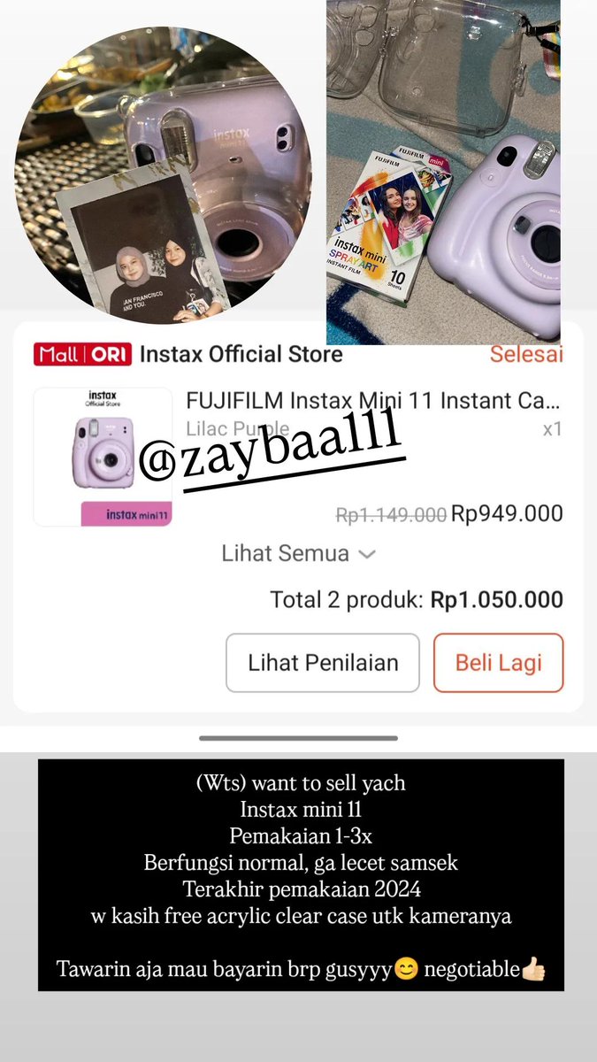 Wts fujifilm instax mini 11 lilac purple 

Harga tawarin budget kalian😻 negotiable👍🏻

Bisa 🍊 loc jakut
#zonauang #zonajajan #instax