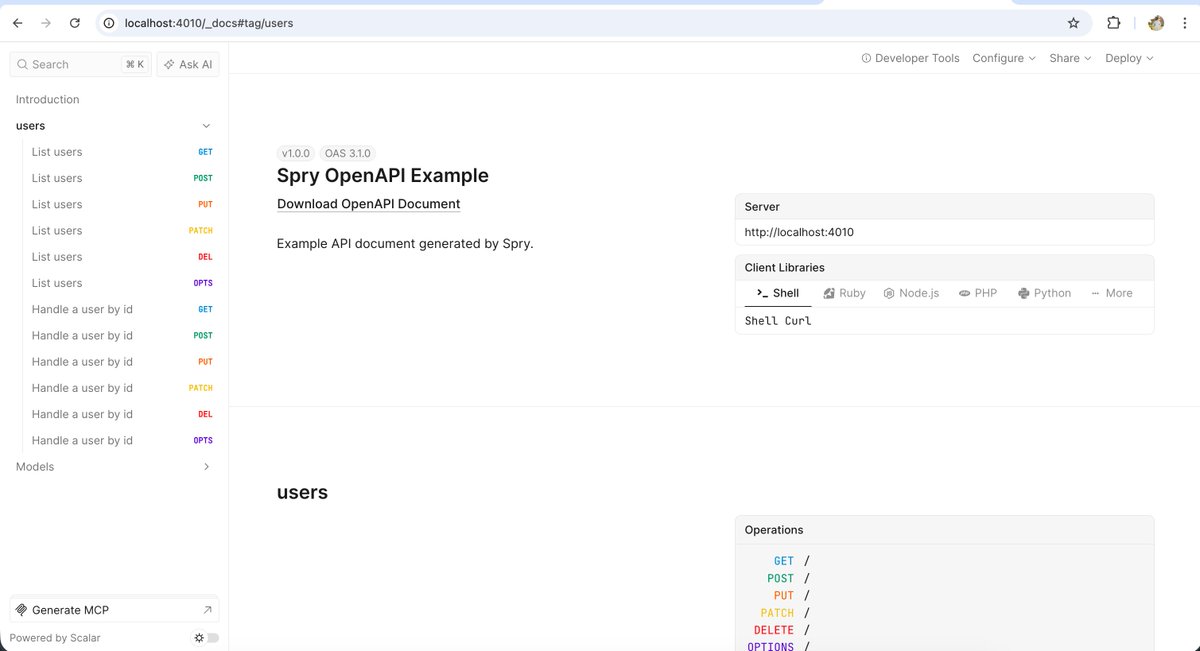 shiweidu's tweet image. The next version of Spry will add UI support for @scalar !

Now, developing a server in Dart not only provides full OpenAPI support, but also allows you to directly debug and publish your API documentation using @Scalar!

#DartDev #Scalar #OpenAPI