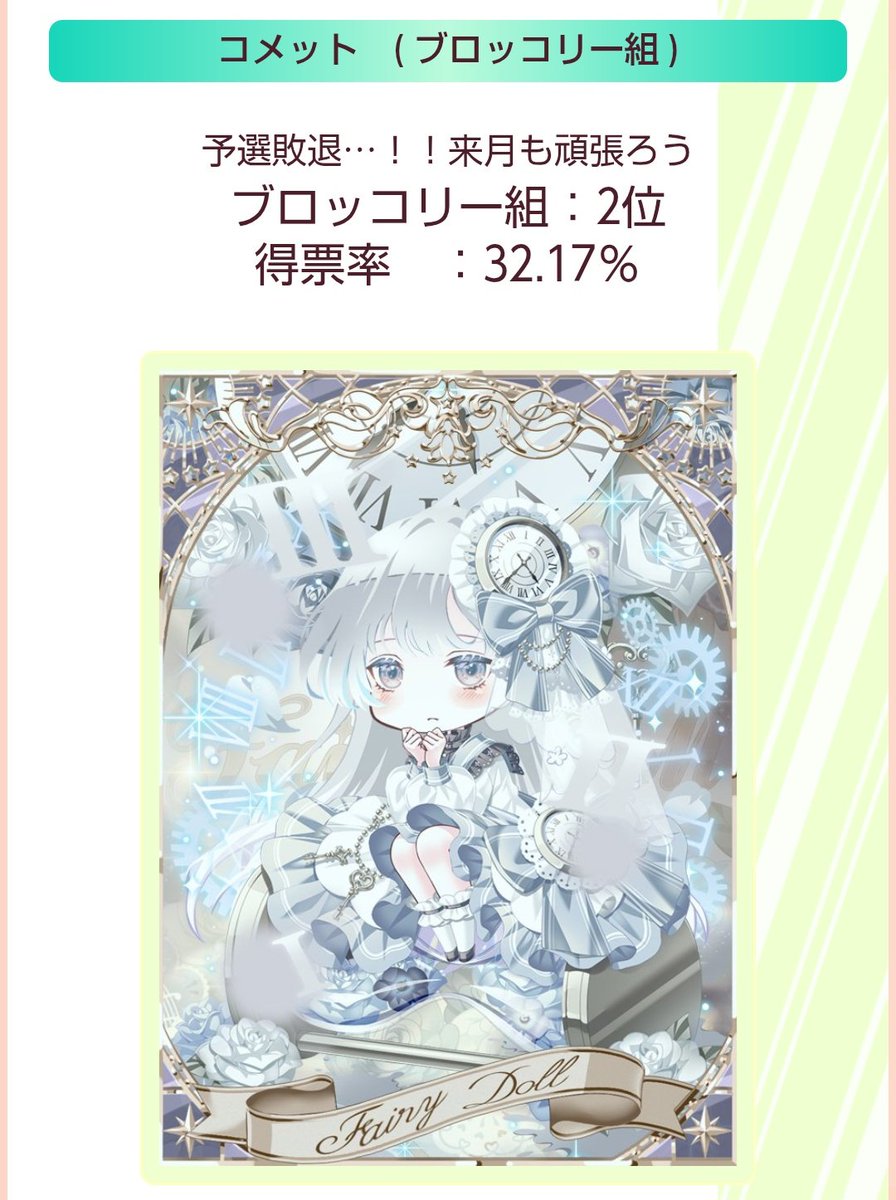 Chiyafairydoll's tweet photo. おつモでした～！
得票率結構高かったので大分悔しい😭 https://t.co/2QjH5VQFYR