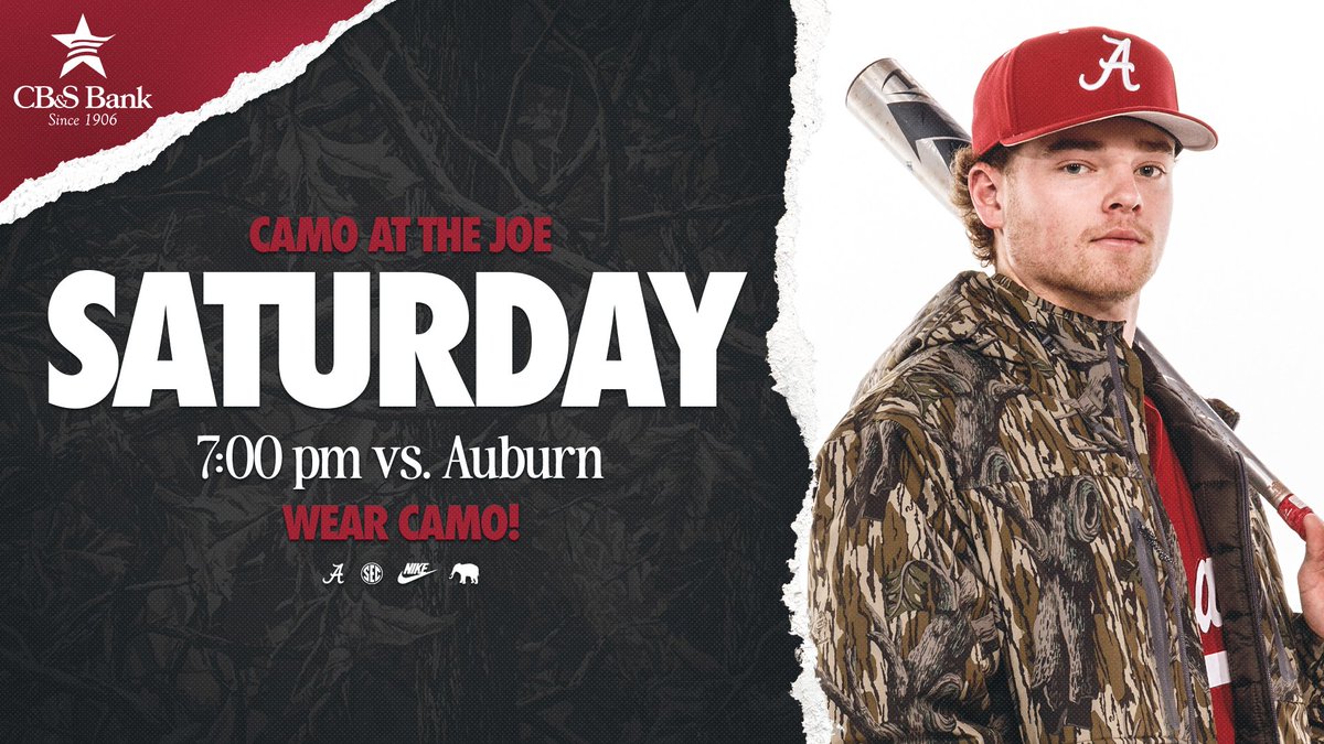 UA_Athletics's tweet photo. Game ✌ = Camo Night!😉🤩

🆚 Auburn
📍 Sewell-Thomas Stadium
⏰ 7 PM CT
🎟 https://t.co/zbYLLuh96c

#RollTide | @AlabamaBSB https://t.co/kE0eRjnlTN