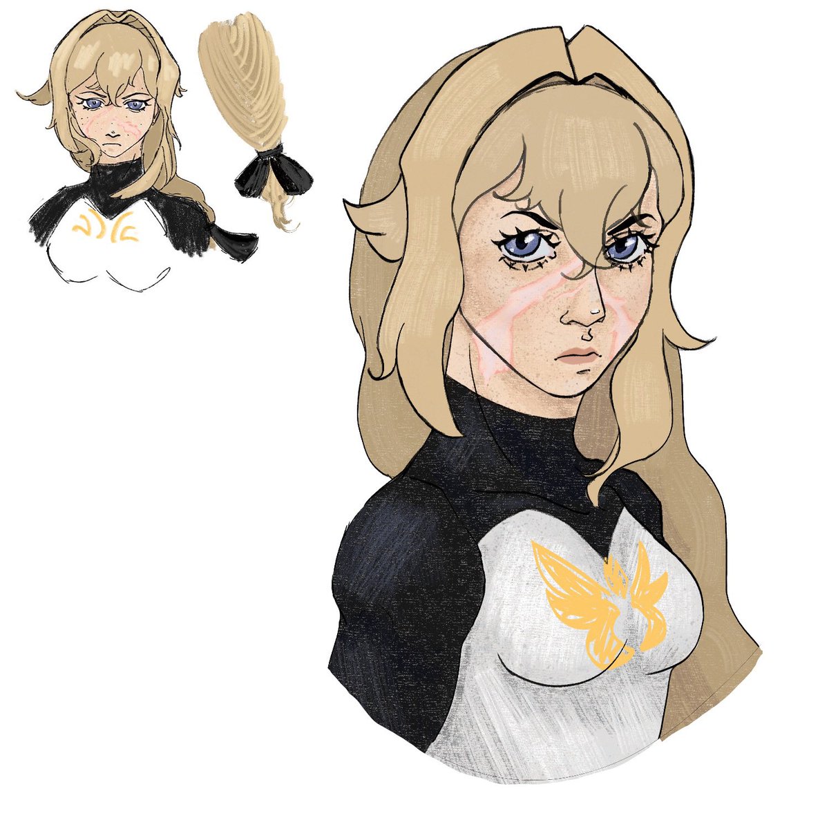 CapitolRot's tweet photo. since seamus pegg's avatar model was released, i think i finally feel . Ready enough . post my Frederica Gunnhildr design... 😸 the mini doodle on the left is the first one i made (july 2025) and the right is a recent remake (february 2026) #GenshinImpact https://t.co/J7eexZwTaV