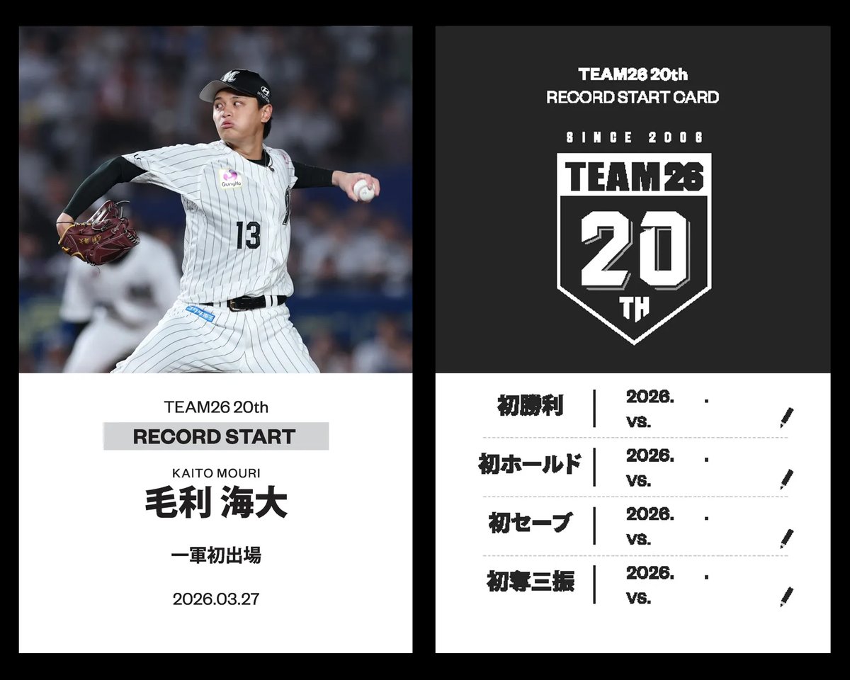 毛利海大 投手の一軍初登板を記念し、当日の写真を使用した「#TEAM26