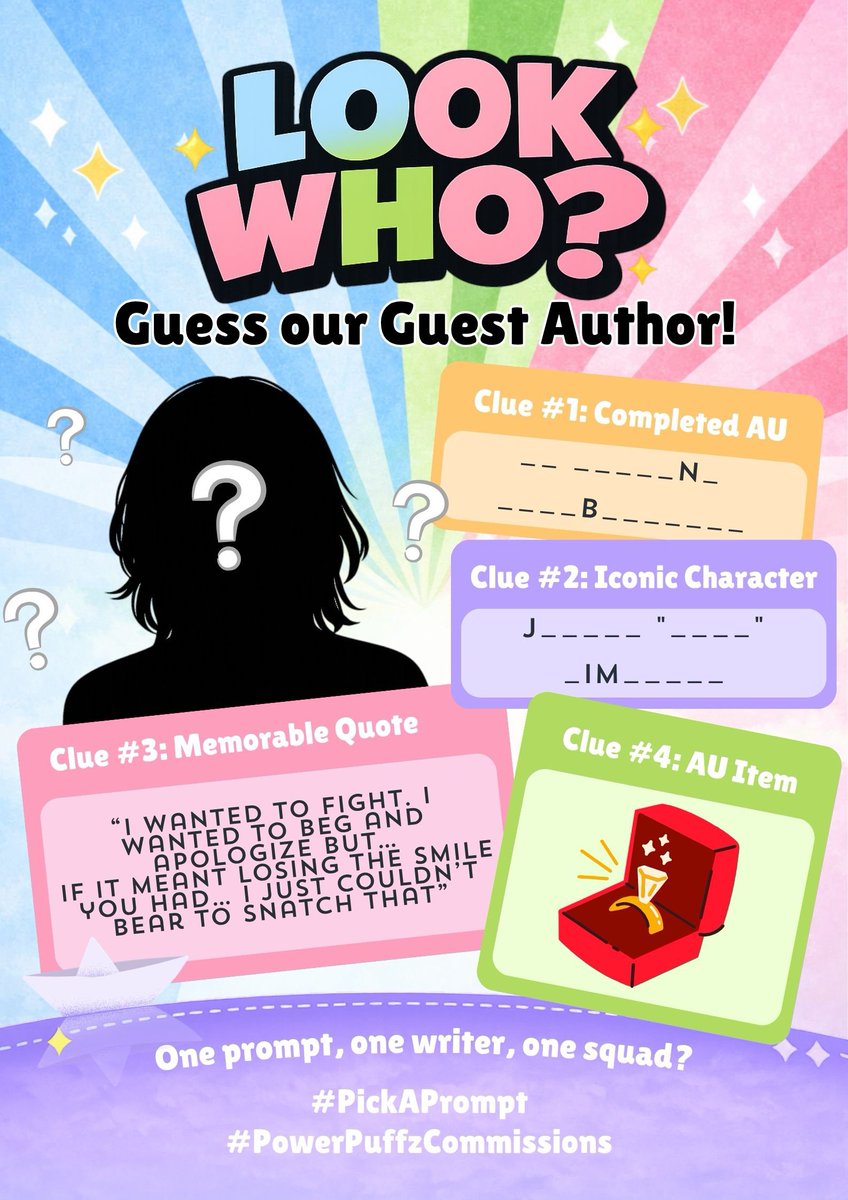 sugarspicefiles's tweet photo. Guess the Guest Author 🕵️♀️✨
📝How to Join:
- Comment your answers for Clue #1, Clue #2, and the Author’s Name
- Use #: #SteJayAU #PickAPrompt #PowerPuffzCommissions
📅End: March 29 12NN
🎁Prizes: All correct entries go into a raffle
5 winners will each get ₱500 GCash! 🖤🤍 https://t.co/N3ZBXiEn5t