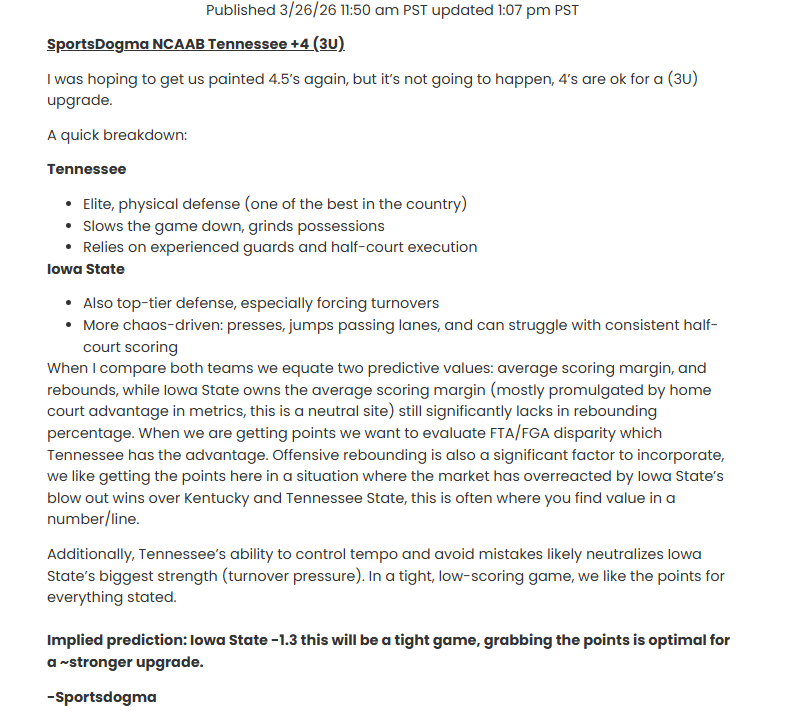 SportsDogma's tweet image. ➡️Newsletter RECAP:

🏀Tennessee +4 (3U)✅✅✅

We didn't need the points, strong week guys.

Hope you're well 🏗️

#ENGAGE