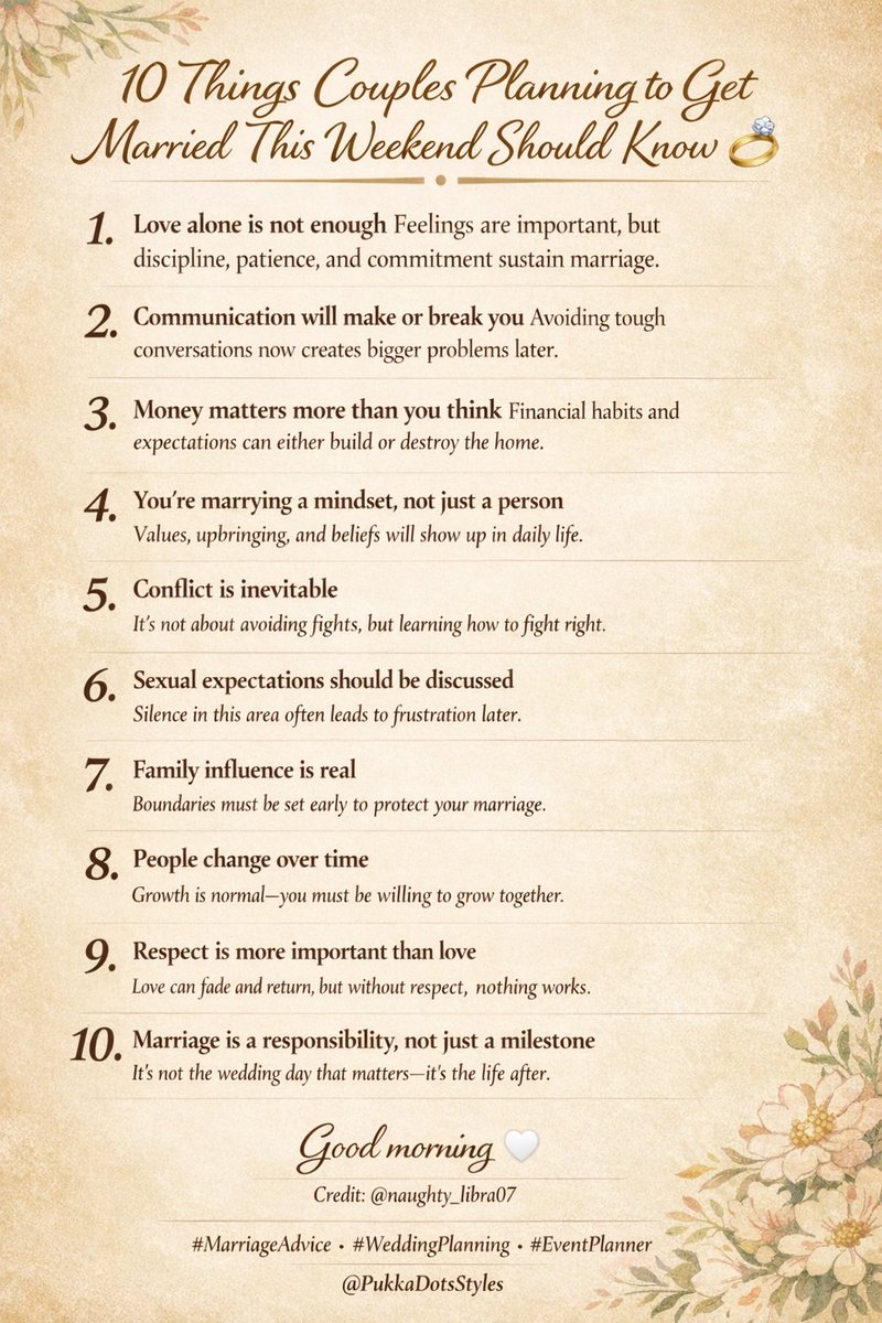 PukkaDotsStyles's tweet photo. Before you say “I do”
Read this. 💍🤍
#MarriageAdvice #WeddingPlanning #EventPlanner
@PukkaDotsStyles 👇 https://t.co/MHYpzXMBsz
