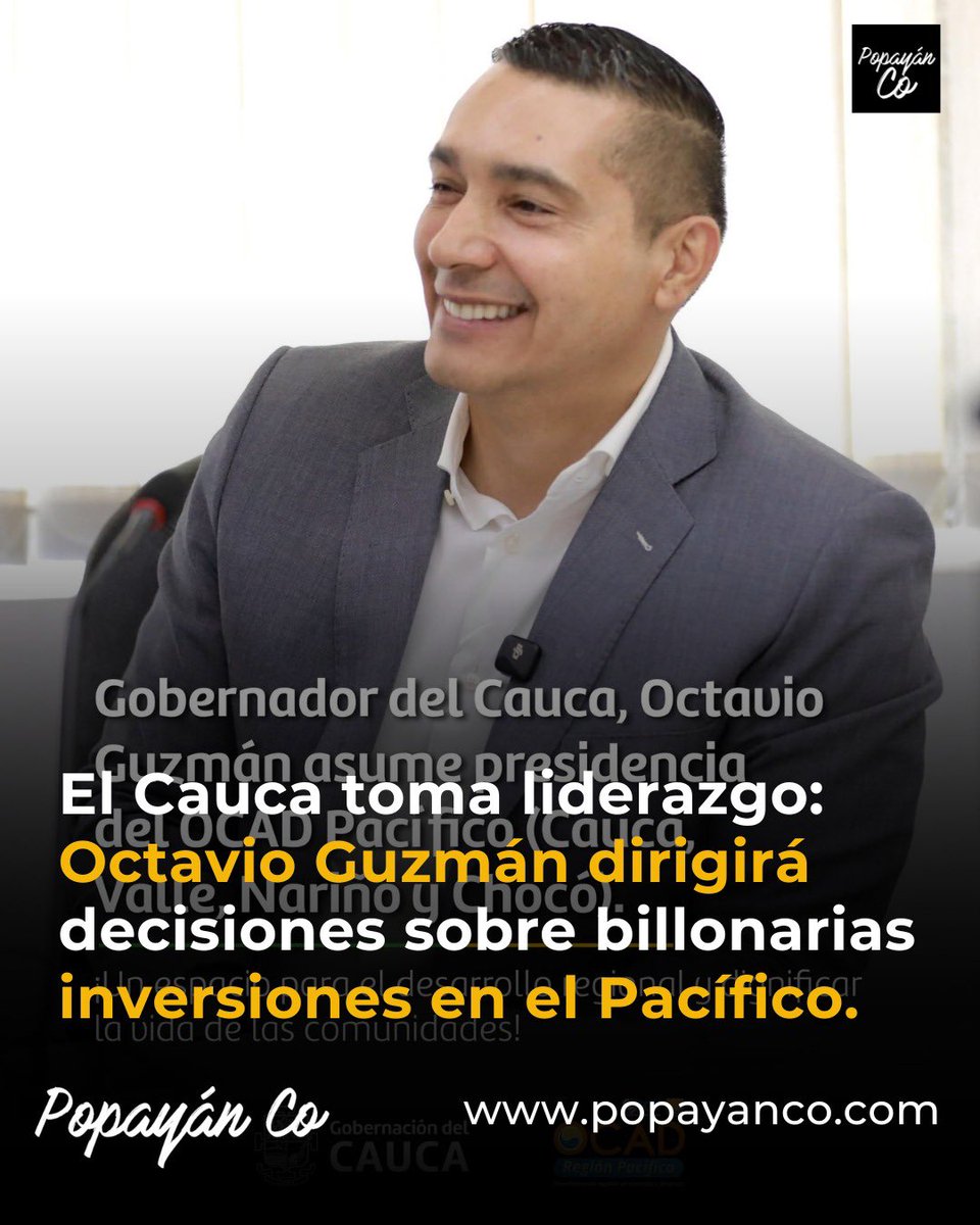PopayanCO's tweet photo. 🚨 El Cauca gana protagonismo
Octavio Guzmán fue elegido presidente del OCAD Pacífico, donde se definen proyectos con recursos que pueden superar el billón de pesos en regalías.
Clave para el desarrollo regional.
#Cauca #OctavioGuzmán #OCAD
https://t.co/7iBEyaI9aQ https://t.co/y0EkkiOcMp