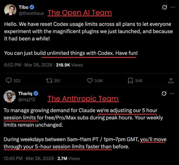 The state of the AI revolution in 2 tweets. One is suffering from success, One is doing everything to be more successful.