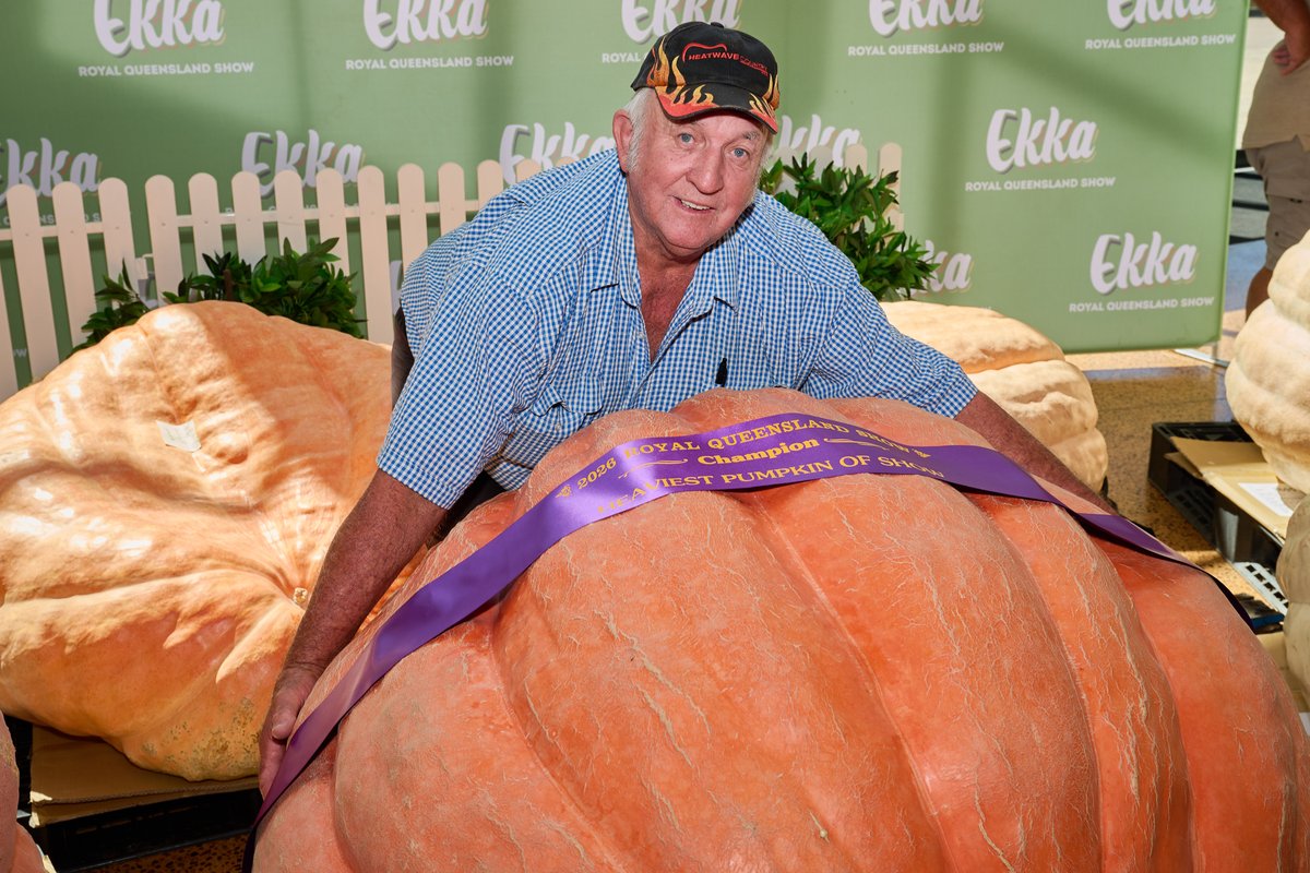 TheEkka's tweet photo. Today we crowned the pump-king at Ekka's Giant Pumpkin Competition Presented by Pillow Talk. 🏆

Congratulations to Geoff Frohloff who took top spot,  growing this giant 342kg pumpkin  🎃

For more details read the #mediarelease 👉 https://t.co/S9nQV8ol7E https://t.co/1td3W2OBIy